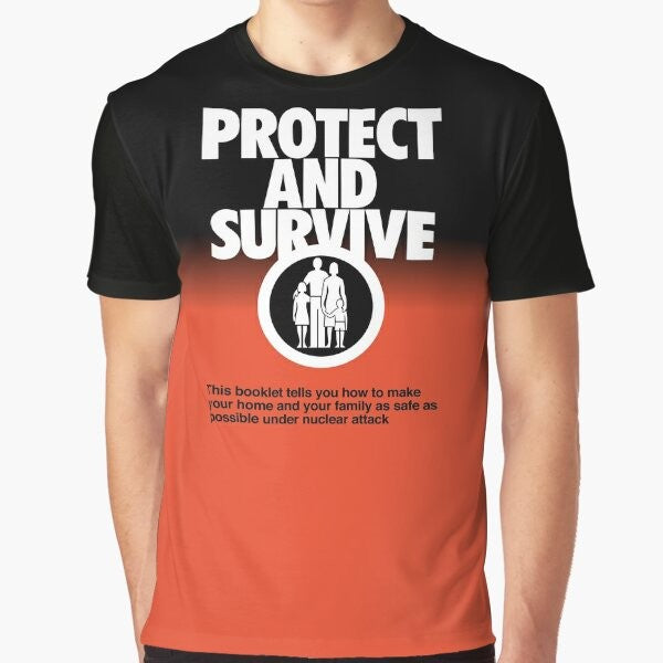 Graphic t-shirt with "Protect and Survive" design depicting nuclear fallout and radiation symbols