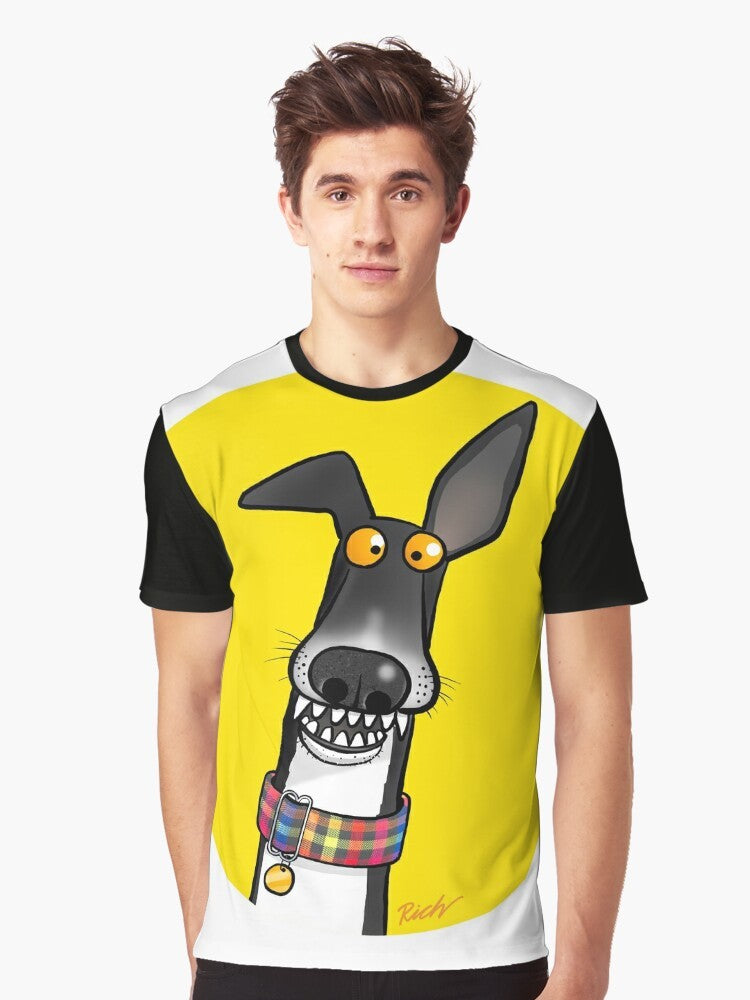 Graphic illustration of a greyhound, lurcher, and whippet with the text "Teefs!" on a t-shirt - Men