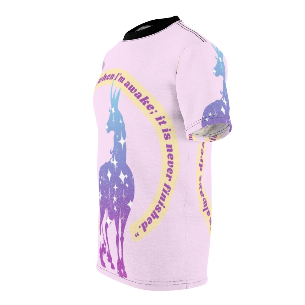 Artistic depiction of Lady Amalthea, the last unicorn, in a dreamy 80s fantasy design on a high-quality t-shirt - men left