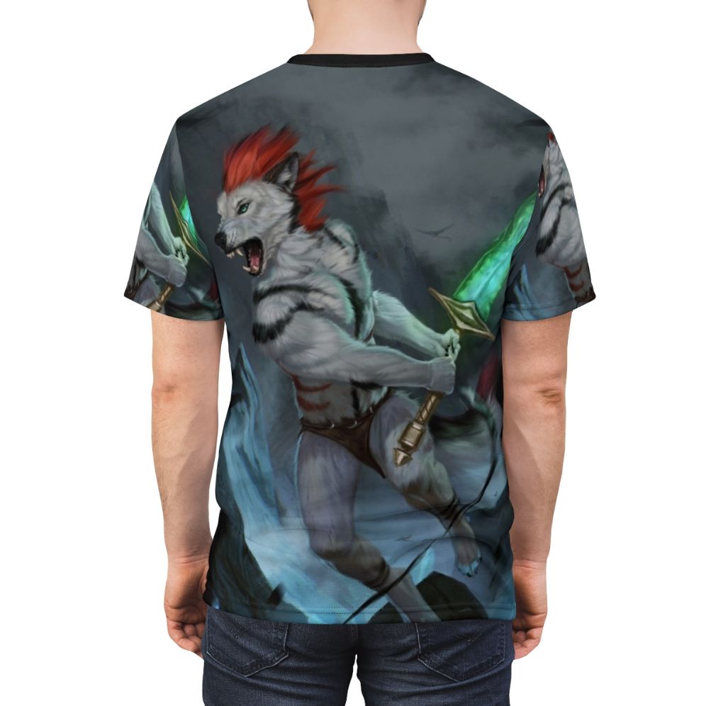 Captivating digital art t-shirt featuring an anthro wolf in a fantasy battle scene. - men back