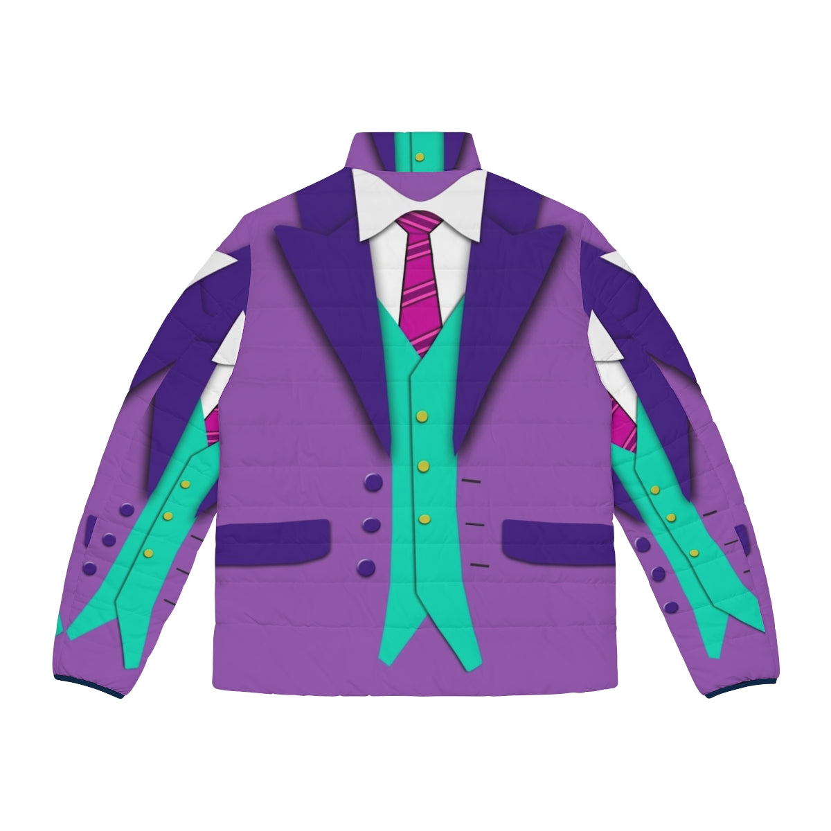 Colorful puffer jacket with suit, tie, and vest - Back