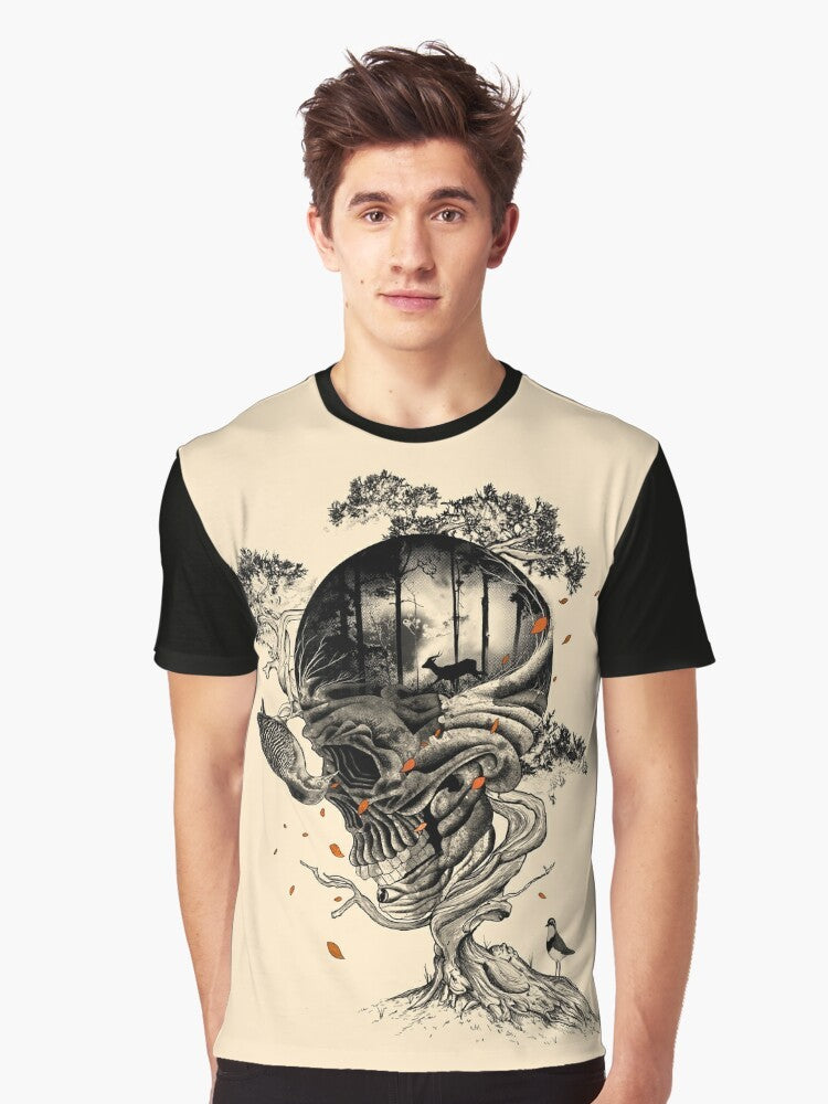 Lost Translation graphic t-shirt featuring a surrealist design with a skull, flora, deer, and other nature elements in black, white, and red. - Men