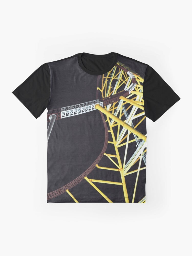 Graphic t-shirt featuring the iconic Top Thrill Dragster roller coaster at Cedar Point theme park - Flat lay