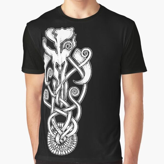 Mandalorian Sarlacc Knot Graphic T-Shirt featuring a knotwork and dotwork design with a Mythosaur skull, Sarlacc, and Boba Fett references.