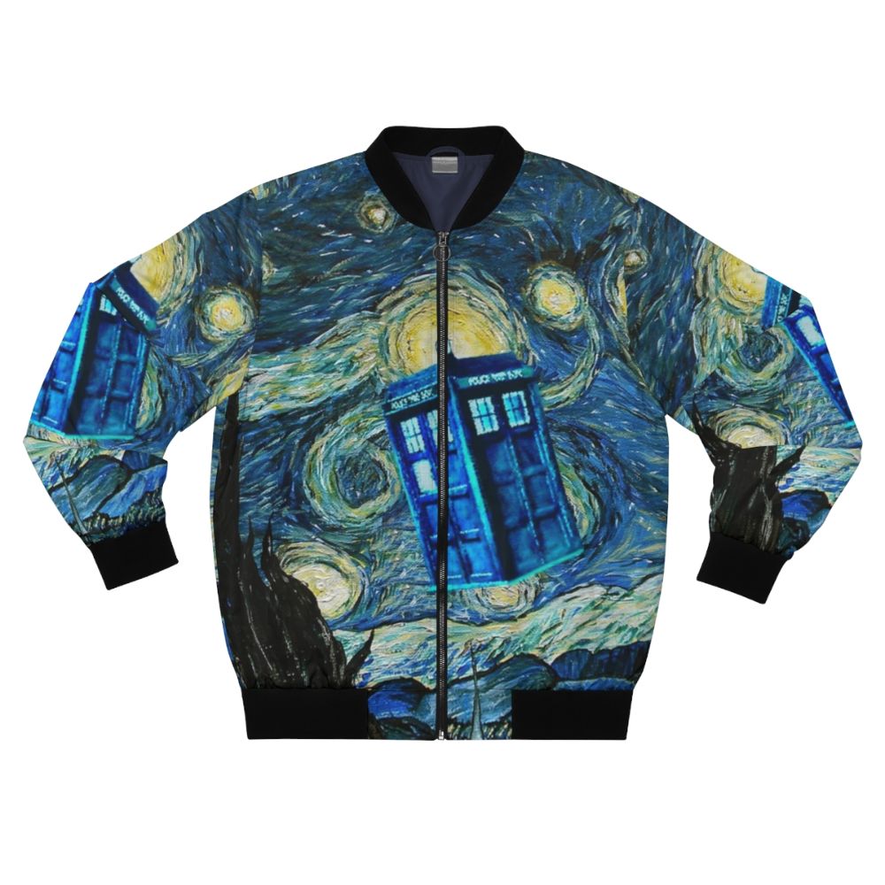 Bomber jacket with a design featuring a blue British phone box, inspired by the Doctor Who TV series.