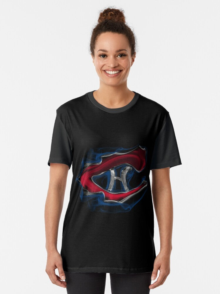 A unique and interesting smoke graphic t-shirt featuring the Montreal Canadiens hockey team logo. - Women