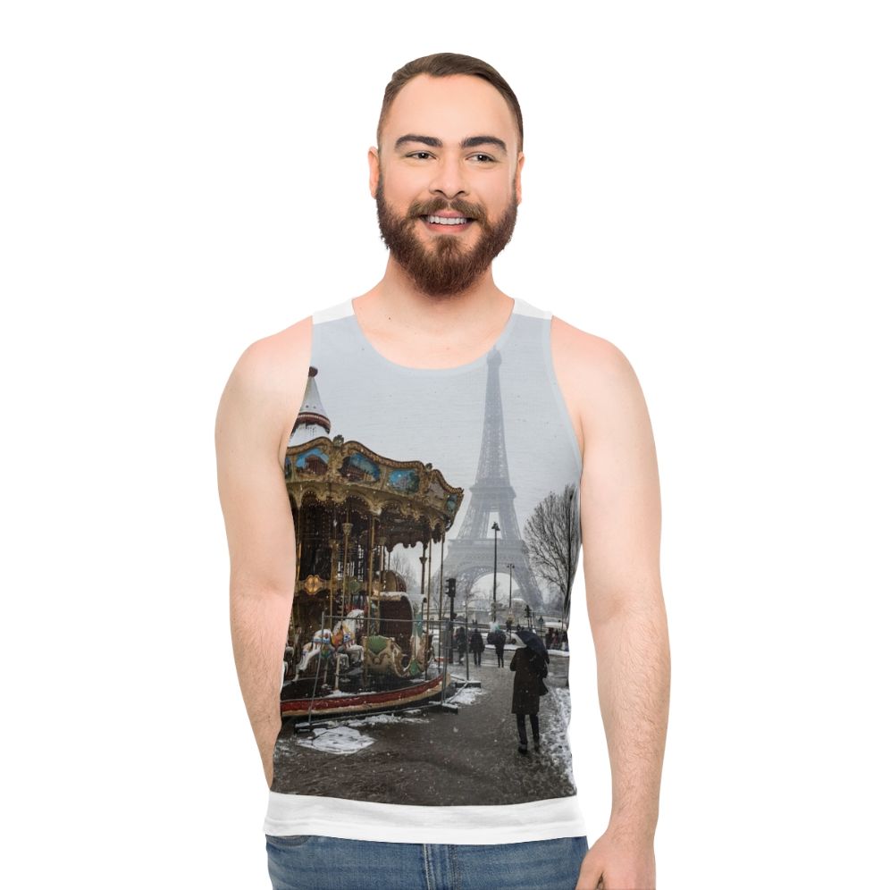 Unisex tank top with Eiffel Tower and winter scene design - men