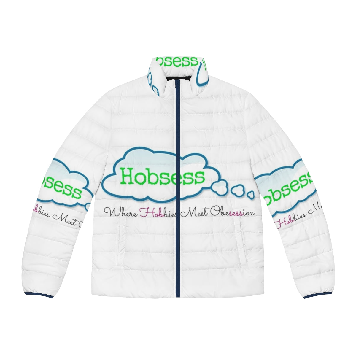 Hobbies Sticker Pack Puffer Jacket featuring icons for various hobbies like music, travel, food, reading, yoga, and more