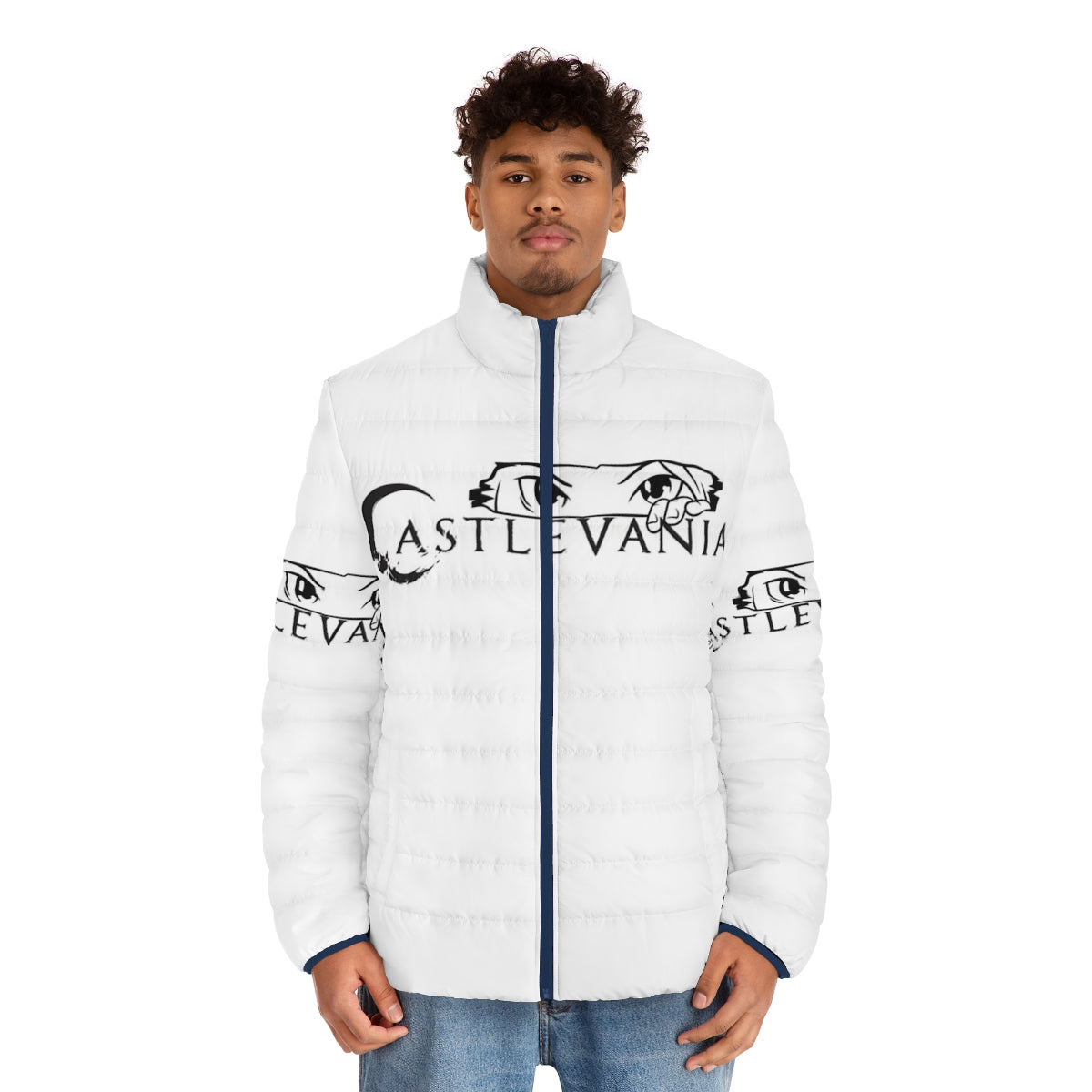 Castlevania inspired puffer jacket with anime and video game graphics - men front