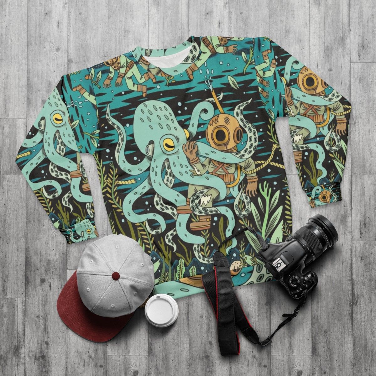 Retro diver sweatshirt with underwater ocean graphics - flat lay