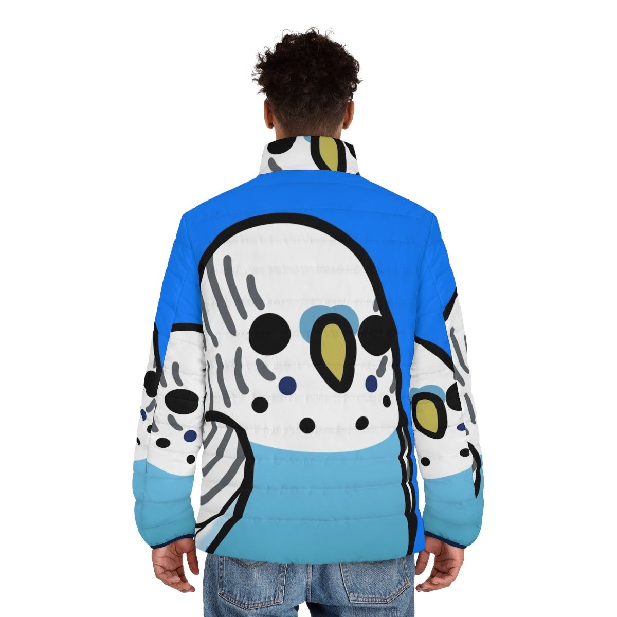 Blue budgie puffer jacket with birds pattern - men back