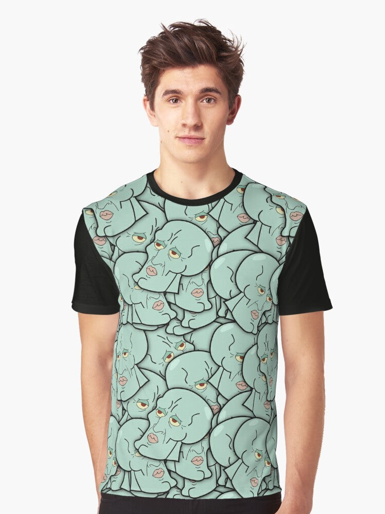 A graphic t-shirt featuring a handsome man design and Squidward Tentacles from Spongebob Squarepants. - Men