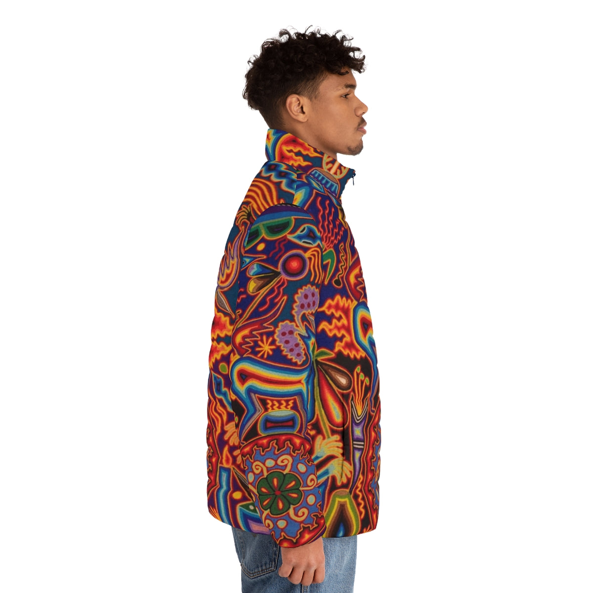 Colorful Huichol puffer jacket with abstract floral and skull designs - men side right