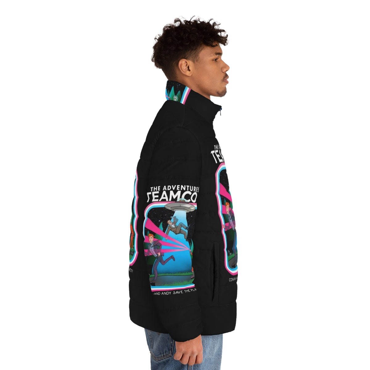 Team Coco Puffer Jacket with UFO and alien graphics - men side right