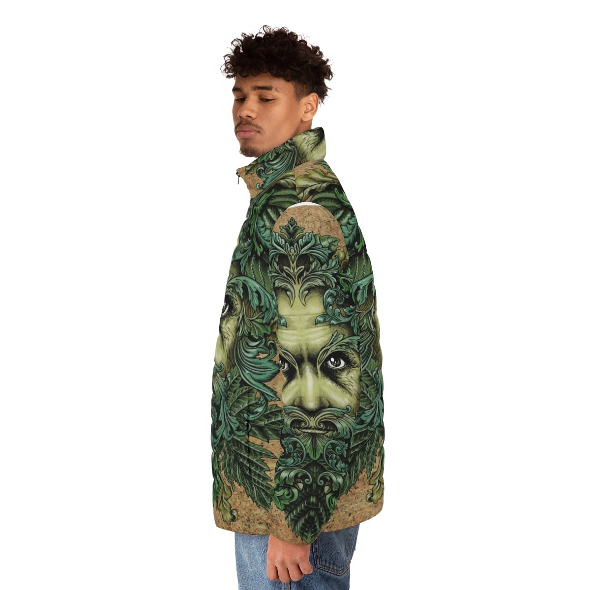 Green Man puffer jacket with ornate leaf and scroll design - men side left