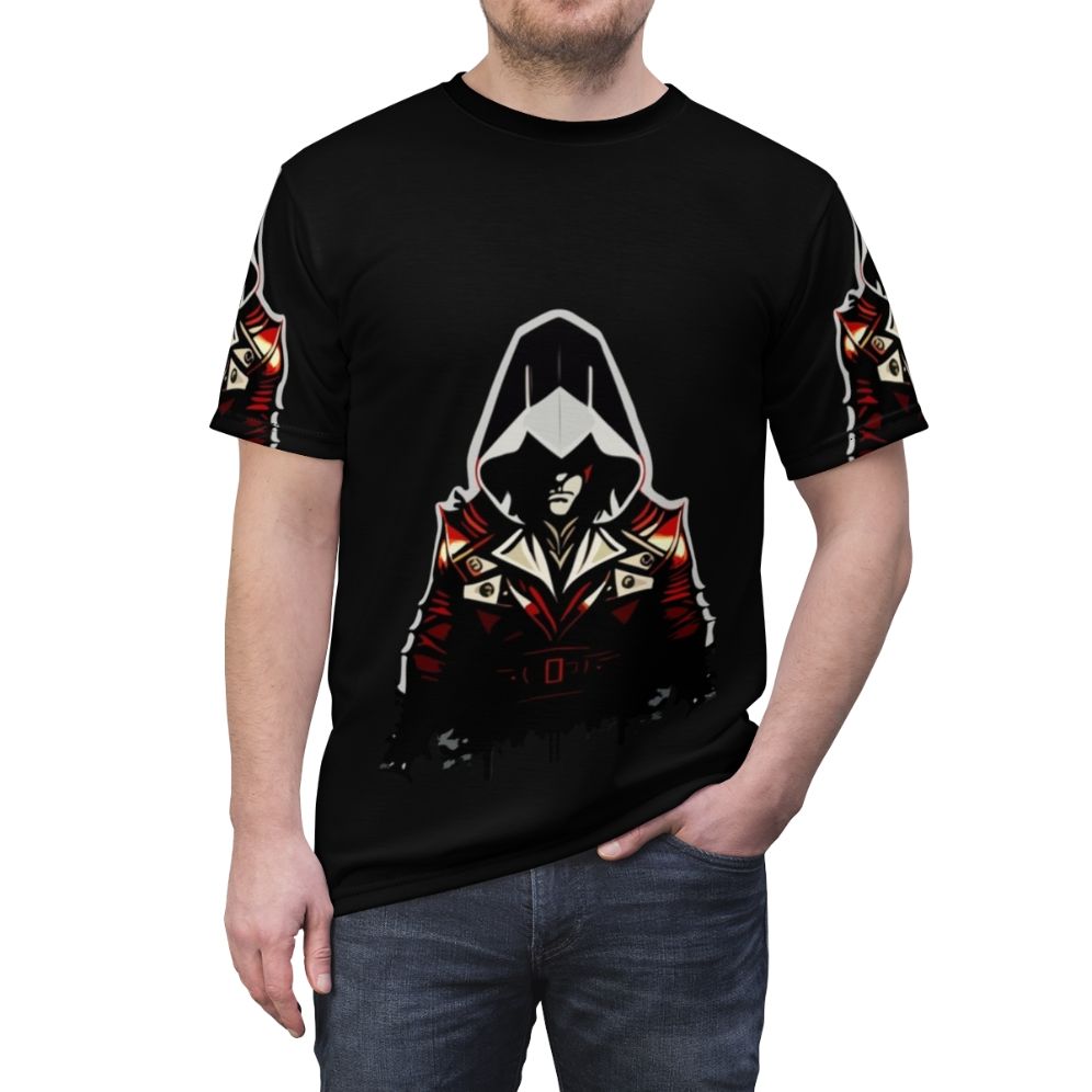 Assassins Creed Inspired T-shirt featuring characters and symbols from the popular video game series - men front