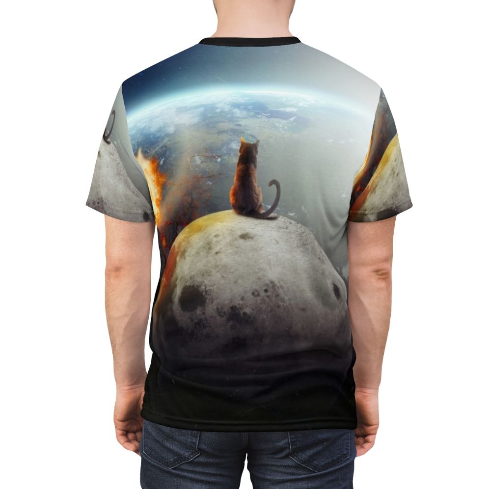 A t-shirt featuring a unique photomanipulation design of a cat in a sci-fi, fantasy space setting. - men back