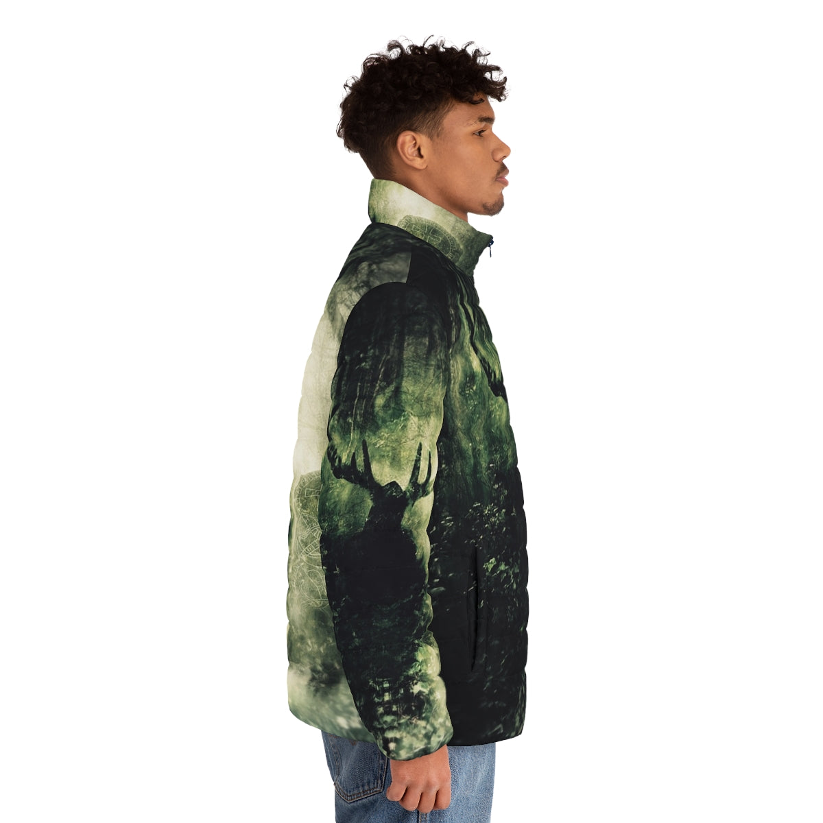 Puffer jacket with Celtic mythological design and nature-inspired elements - men side right