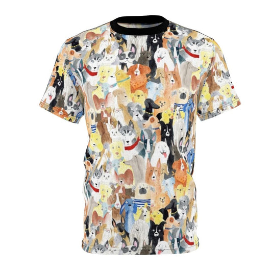 Watercolor illustration of a diverse pack of happy dogs on a t-shirt