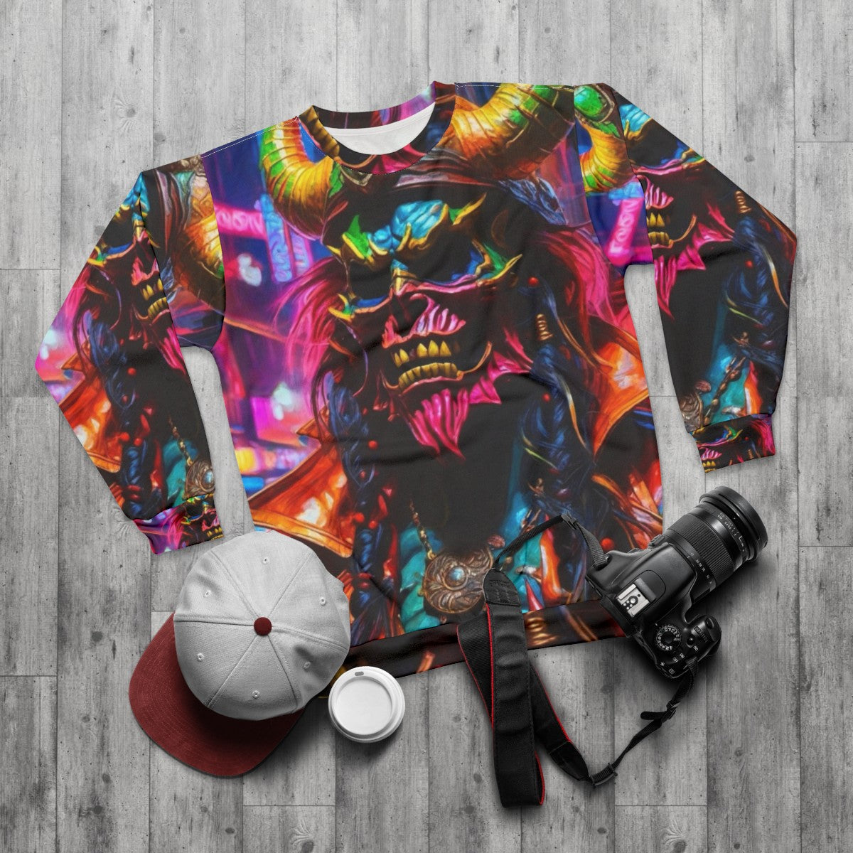 Neon Pirate Sweatshirt with Graffiti and Demonic Designs - flat lay