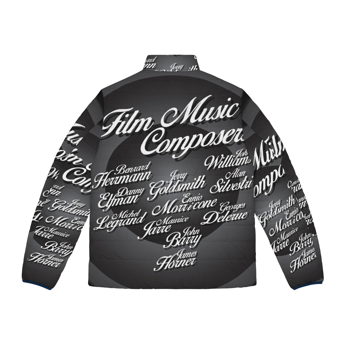 A puffer jacket featuring the names of iconic movie music composers. - Back