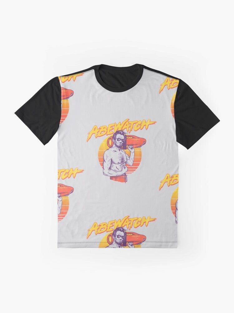 Vintage-style graphic t-shirt with an image of Abraham Lincoln wearing a lifeguard outfit - Flat lay