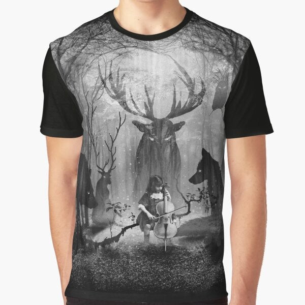 Magical forest scene with cello, fox, wolf, and deer graphic on a t-shirt