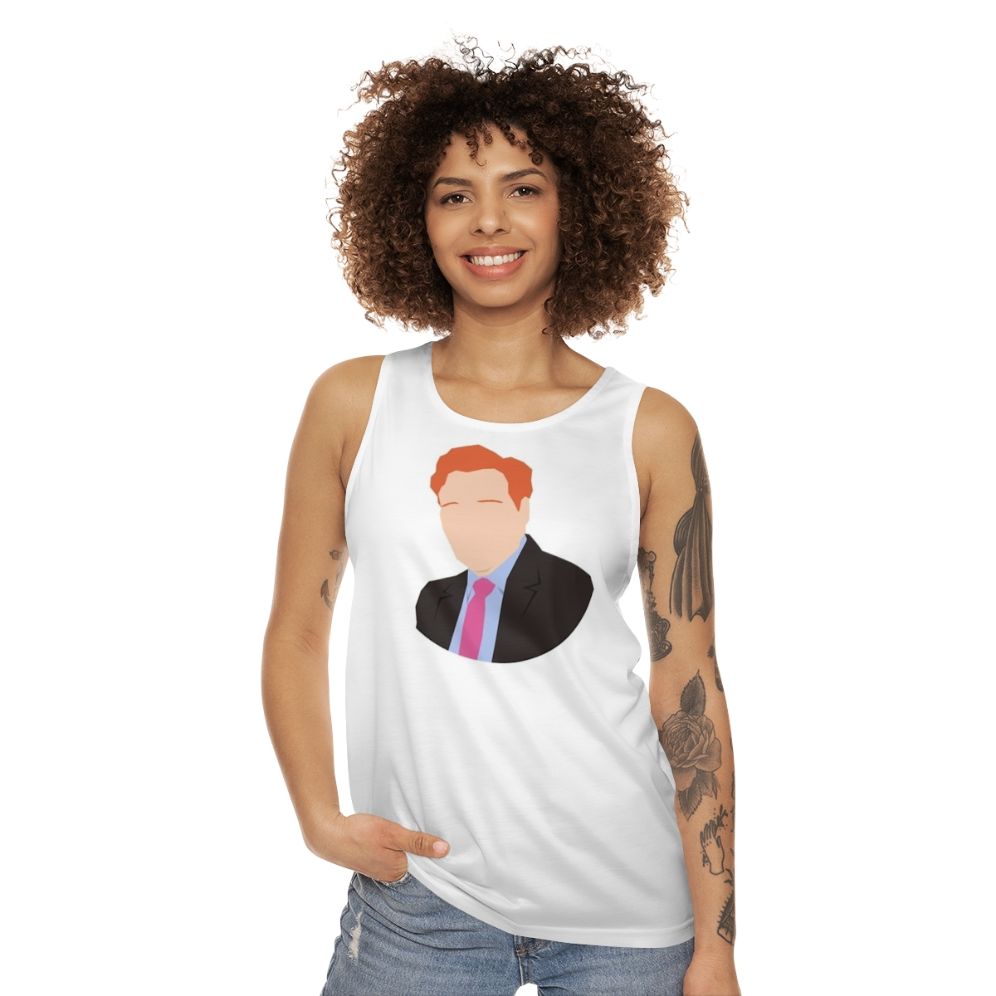 Team Coco unisex tank top featuring Conan O'Brien vector artwork - women