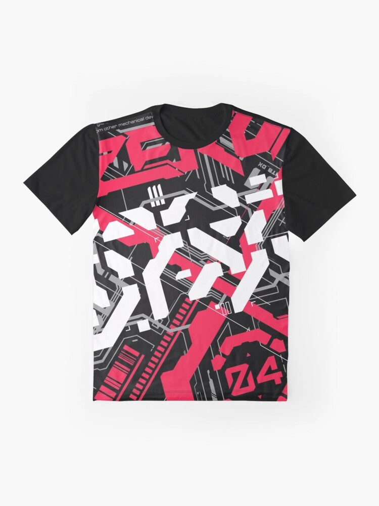 Cyberpunk techwear graphic t-shirt with futuristic mech design and Japanese-inspired elements - Flat lay