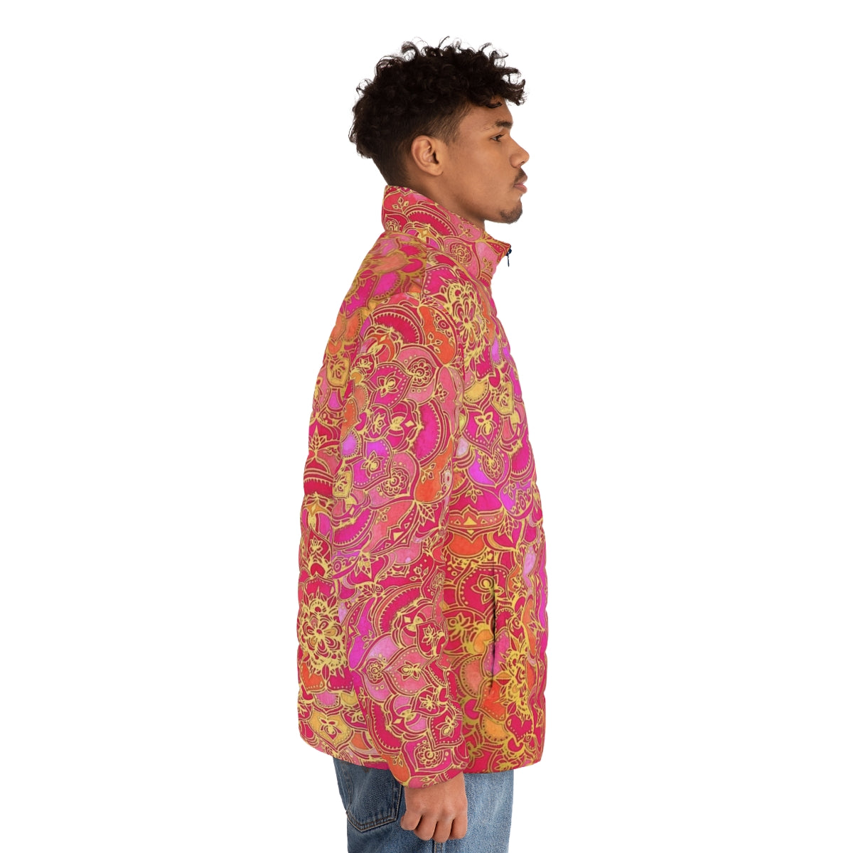 Hot pink and gold baroque floral patterned puffer jacket - men side right