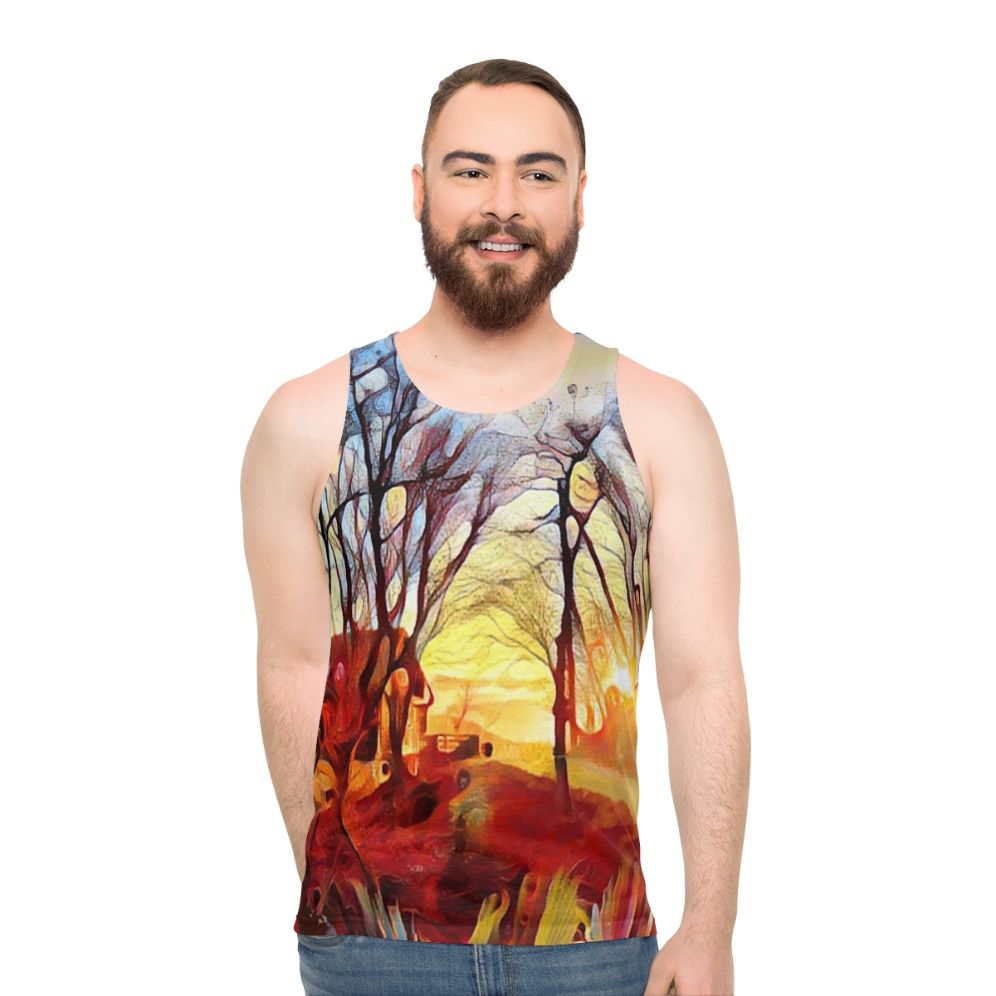 Unisex tank top with a serene mountain landscape and sunrise over trees design - men