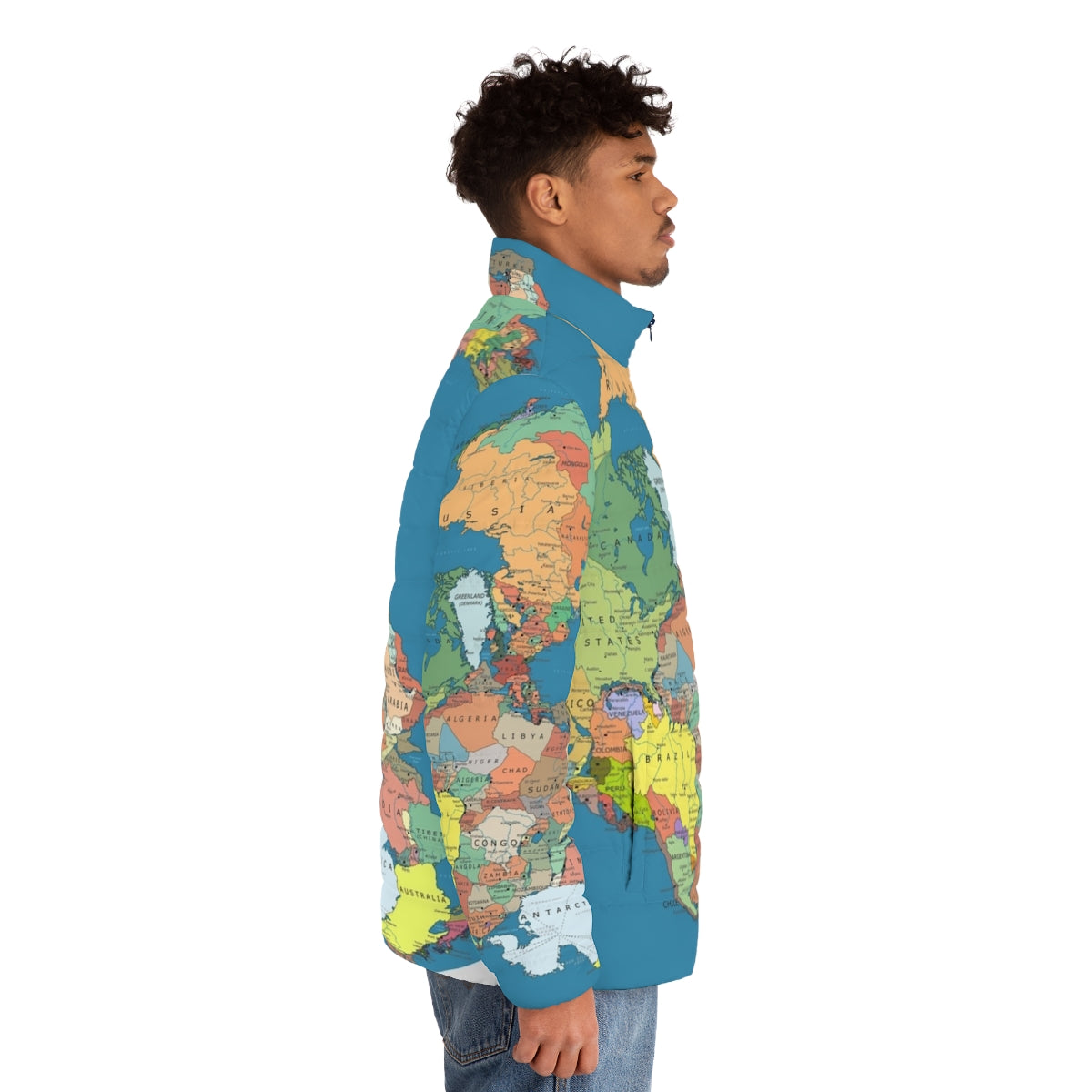 Pangaea puffer jacket with world map and continental drift design - men side right