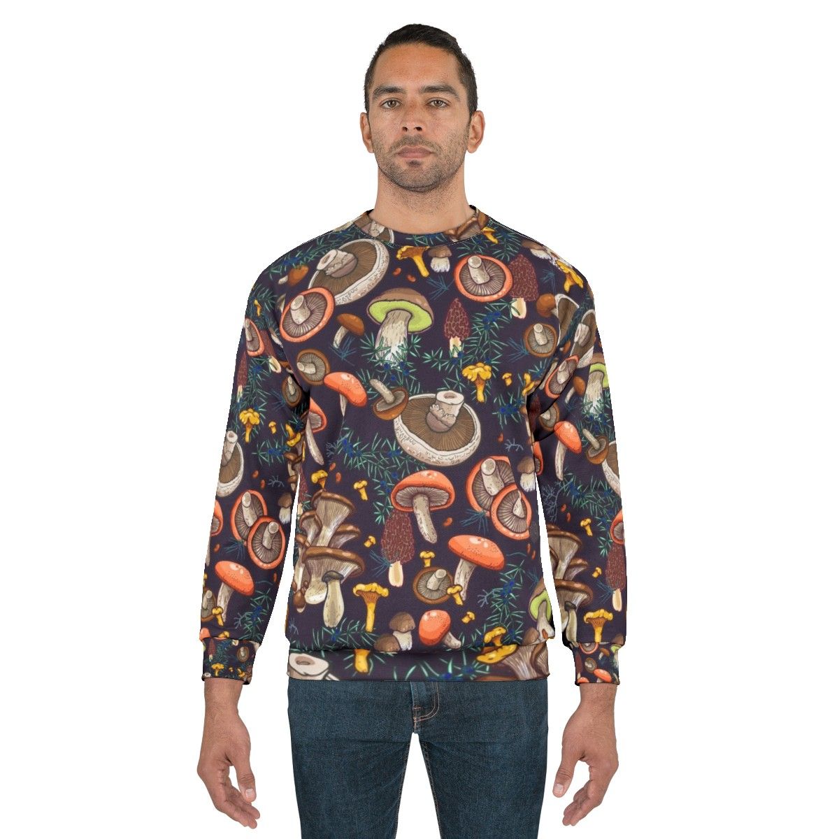 Dark Dream Forest Sweatshirt featuring a botanical mushroom nature design - men