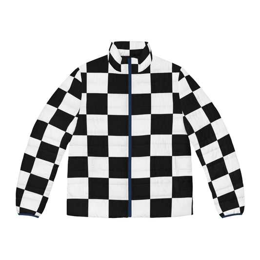 Checkered puffer jacket with a geometric black and white pattern