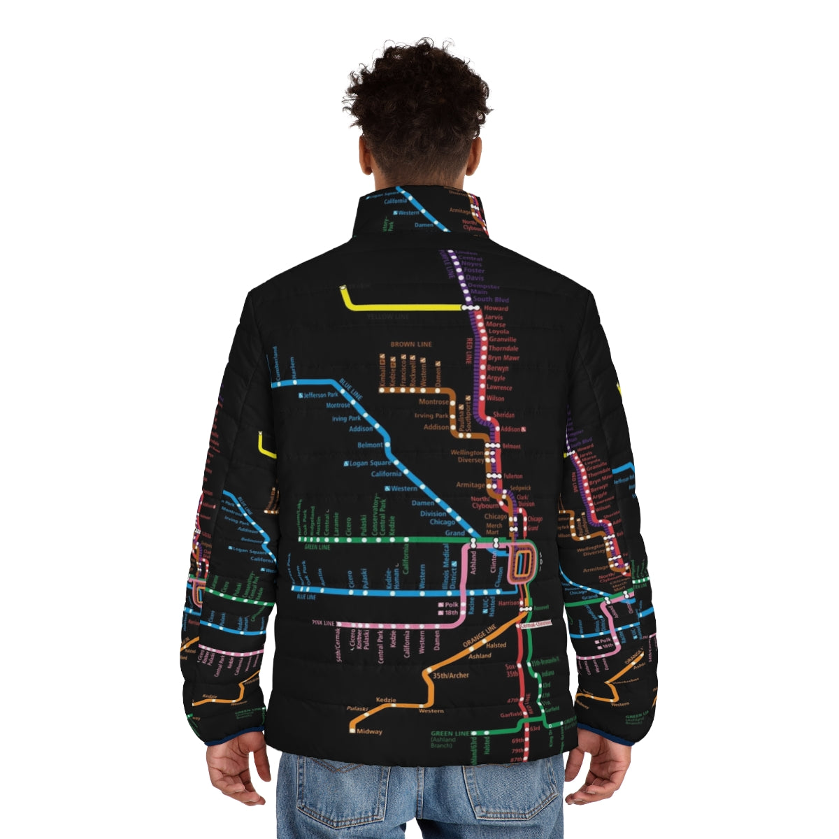 Puffer jacket featuring a Chicago CTA trains transit map design - men back