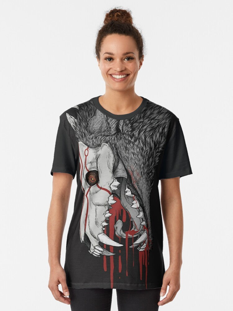 Fall Black Graphic T-Shirt featuring a Grimm Beowolf design with skulls, teeth, and blood. - Women