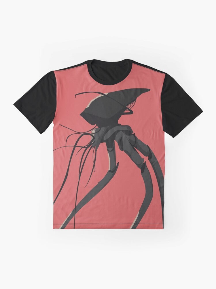 A graphic t-shirt featuring the iconic "War of the Worlds" sci-fi design. - Flat lay