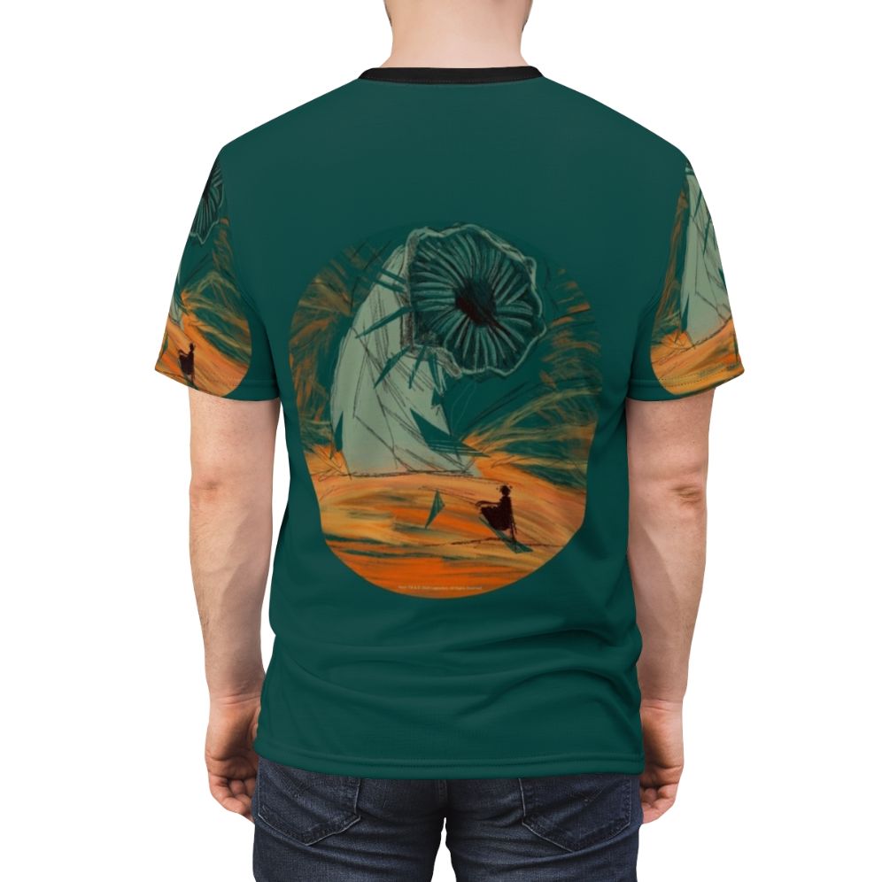 Dune-inspired t-shirt design featuring the desert planet Arrakis and a sandworm - men back