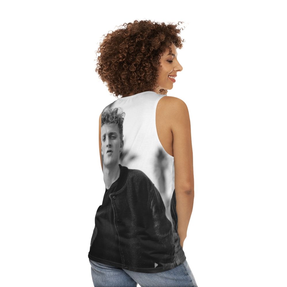 Unisex Alex tank top with black and white portrait design - women back