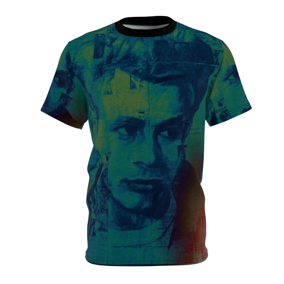 Graphic t-shirt featuring a portrait of classic American actor James Dean in his iconic rebel without a cause role.