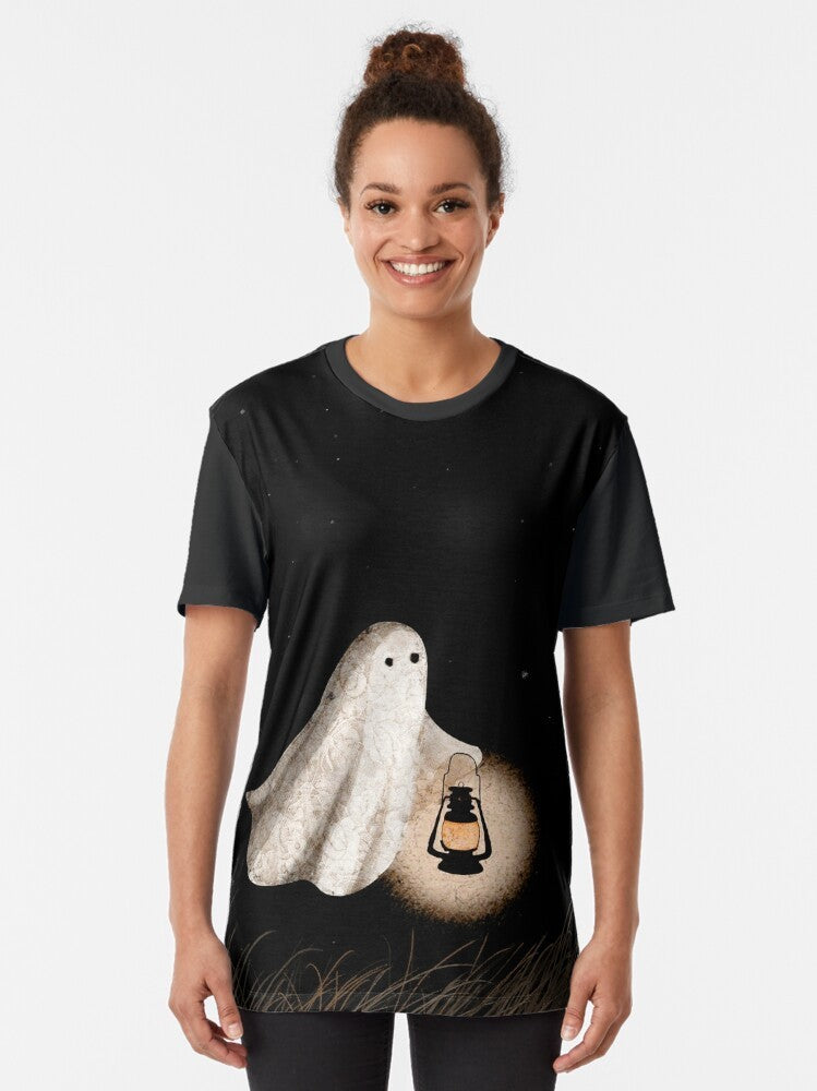 Twilight Walk Graphic T-Shirt featuring a ghost lantern in a starry night sky - Women