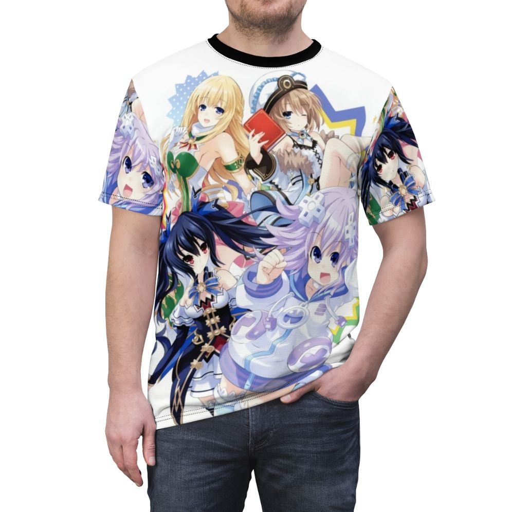 Colorful t-shirt featuring the beloved Neptunia CPU characters from the popular anime and manga series. - men front