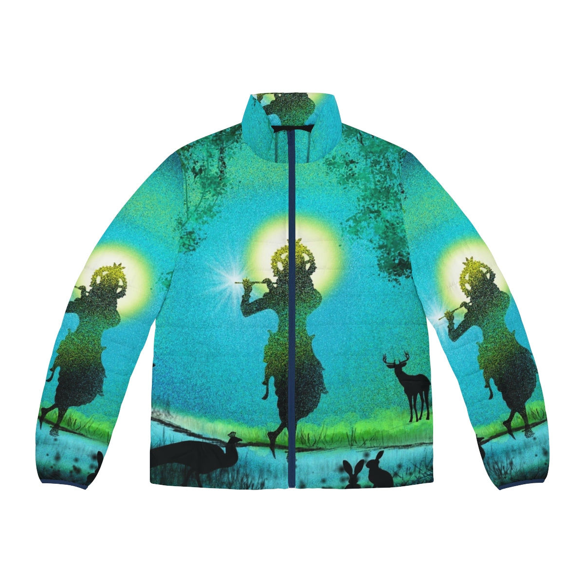 Lord Krishna digital artwork printed on a puffer jacket