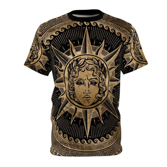 T-shirt featuring a golden depiction of the Greek sun god Apollo with a classical Greek key ornament pattern