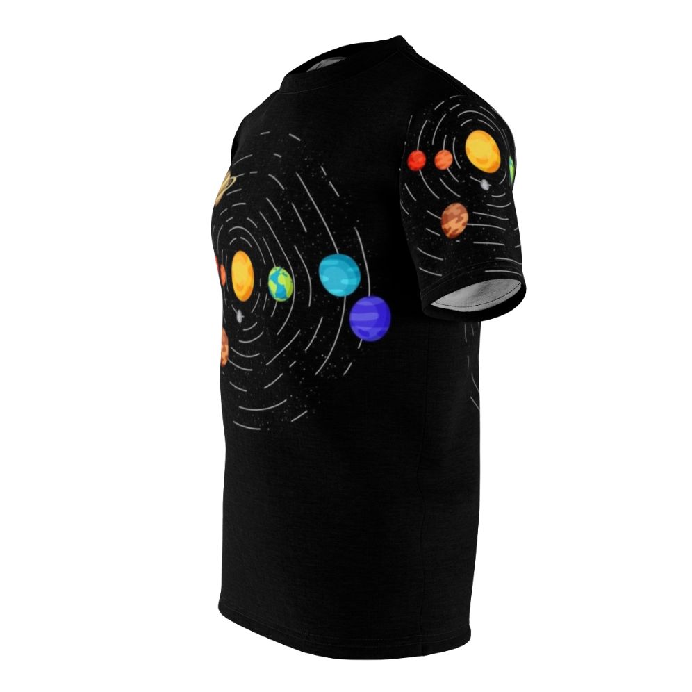 Discreet Pride Flag AOP T-Shirt featuring a minimalist, subtle design with a rainbow flag and space/planets motif. - men left