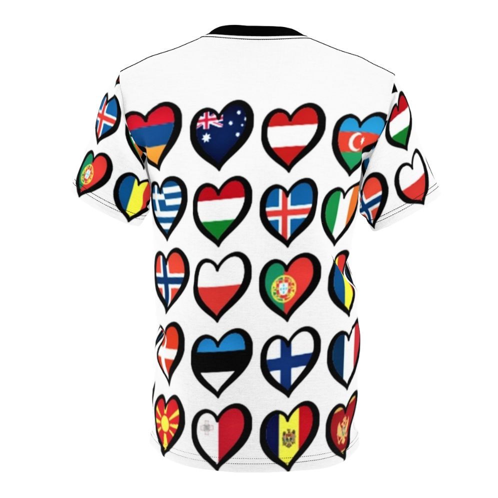 Vibrant AOP T-shirt featuring Eurovision Song Contest-themed graphics, including flags, hearts, and logos. - Back