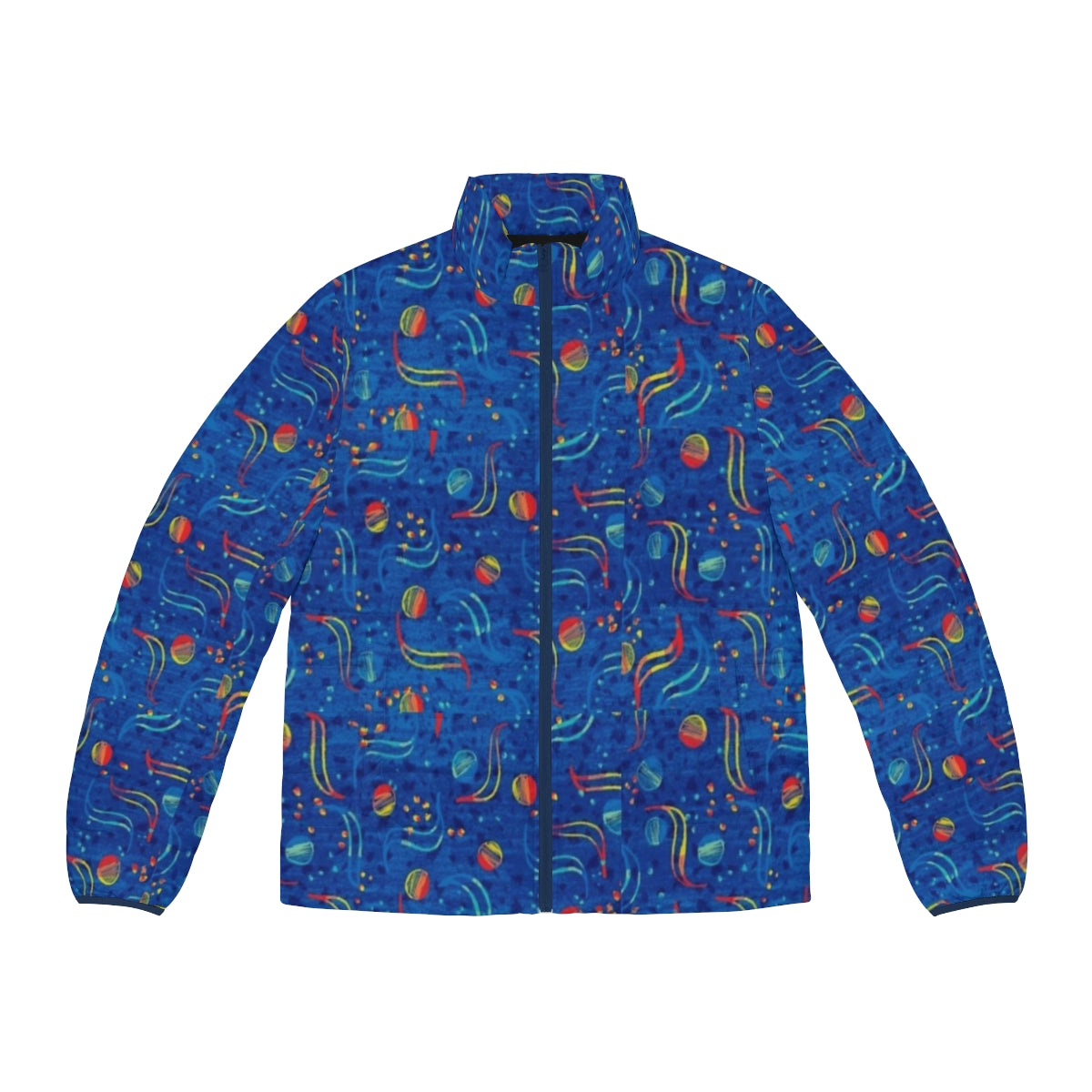 Stylish blue puffer jacket inspired by the iconic Dublin bus design