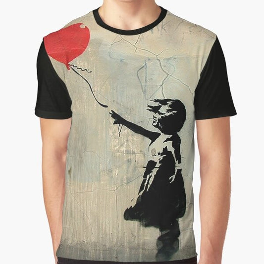 Banksy-inspired red heart balloon graphic on a white t-shirt