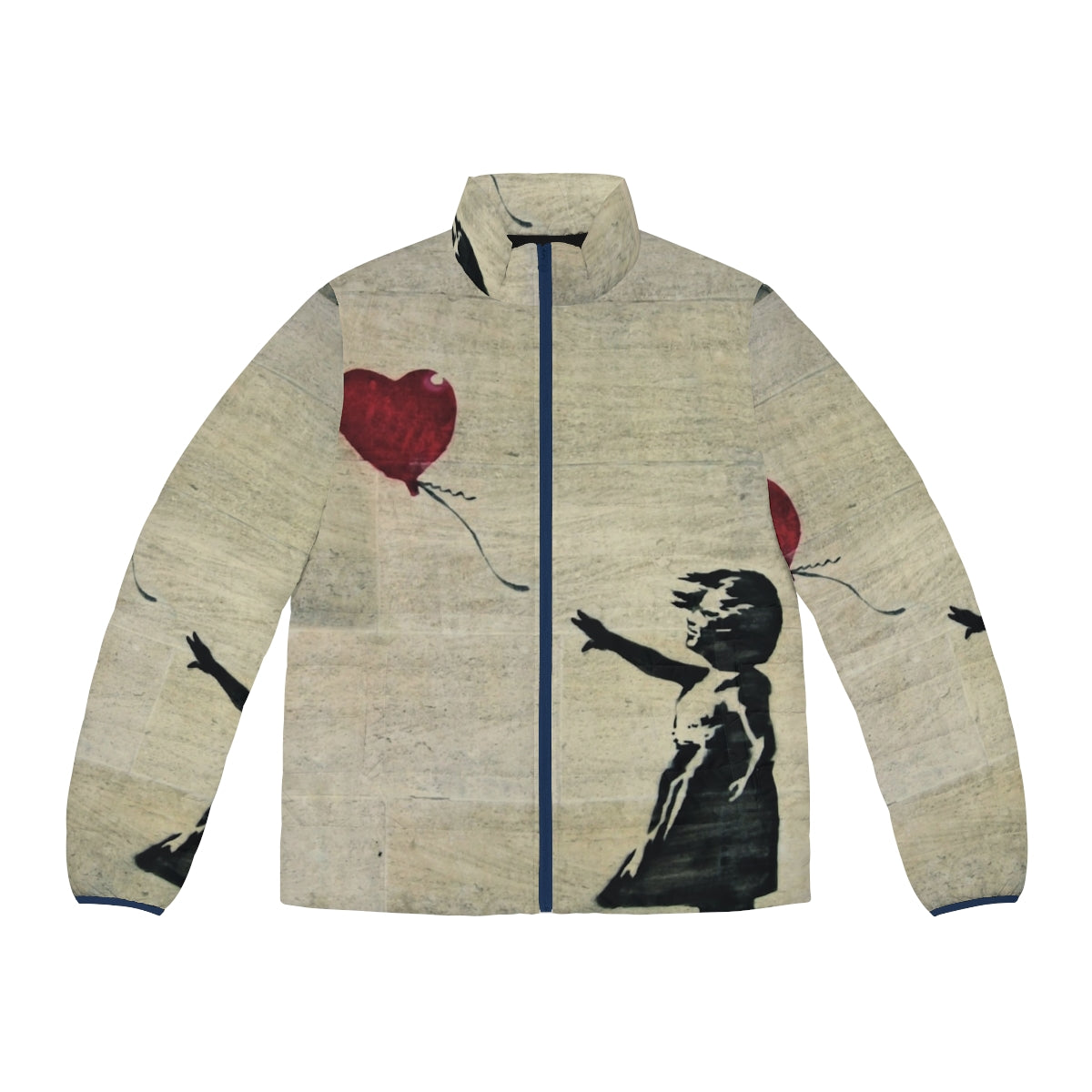 Banksy's iconic Girl With A Red Balloon III design printed on a high-quality puffer jacket