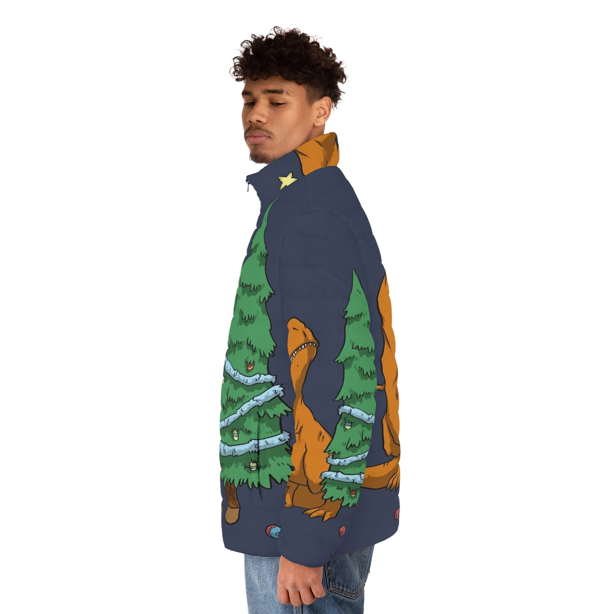 A funny puffer jacket with a t-rex design, perfect for kids during the holiday season. - men side left